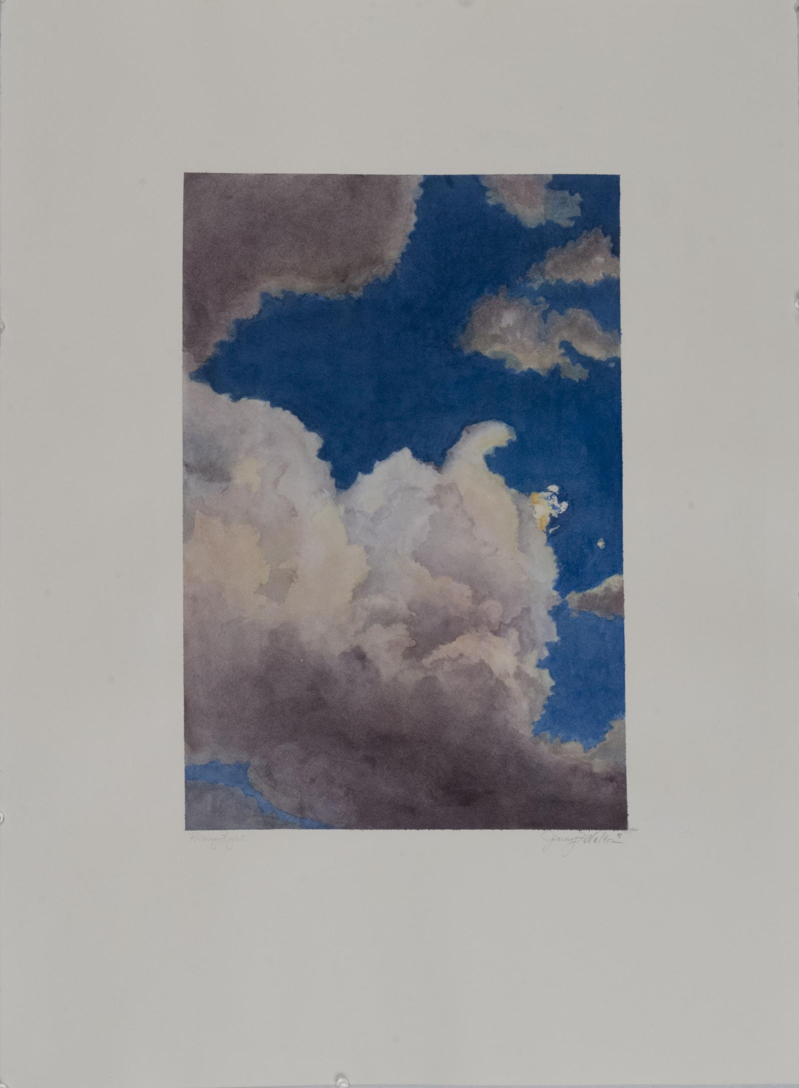 Watercolor painting on paper of twilight and clouds with moon peaking behind a cloud.